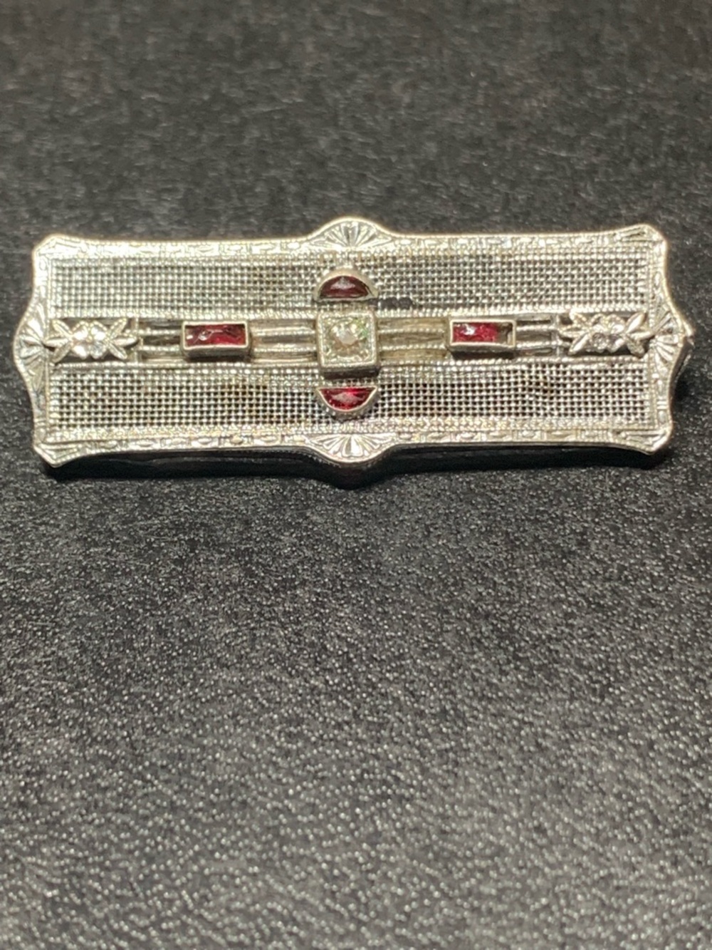 Art Deco Silver-Tone Bar Pin with Red Accents